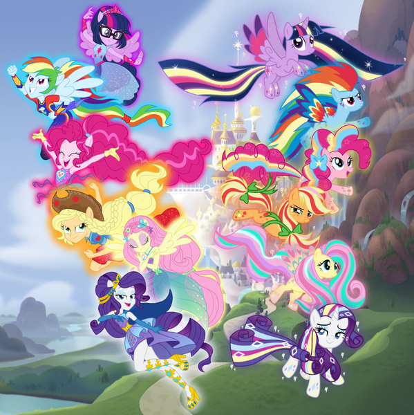 Size: 1630x1632 | Tagged: safe, derpibooru import, applejack, fluttershy, pinkie pie, rainbow dash, rarity, sci-twi, twilight sparkle, twilight sparkle (alicorn), alicorn, earth pony, human, pegasus, pony, unicorn, equestria girls, g4, canterlot, counterparts, human paradox, human ponidox, humane five, humane six, image, jpeg, mane six, ponied up, rainbow power, self paradox, self ponidox, square crossover, super ponied up