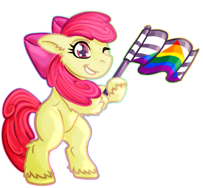 Size: 2749x2543 | Tagged: safe, artist:goldengriffiness, derpibooru import, apple bloom, earth pony, pony, g4, bipedal, female, filly, foal, grin, high res, holding a flag, image, looking at you, one eye closed, png, pride flag, simple background, smiling, solo, straight ally flag, transparent background, wink, winking at you