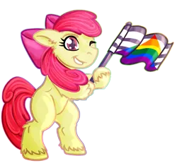 Size: 2749x2543 | Tagged: safe, artist:goldengriffiness, derpibooru import, apple bloom, earth pony, pony, g4, bipedal, female, filly, foal, grin, high res, holding a flag, image, looking at you, one eye closed, png, pride flag, simple background, smiling, solo, straight ally flag, transparent background, wink, winking at you