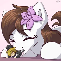 Size: 2550x2550 | Tagged: suggestive, artist:eisky, derpibooru import, oc, oc:eis, oc:flower star, unofficial characters only, earth pony, human, pony, blushing, drool, eyes closed, female, female pred, flower, flower in hair, giggling, high res, human prey, image, lying down, mare, mare pred, mouth hold, mouthplay, png, ponies eating humans, simple background, vore, wholesome