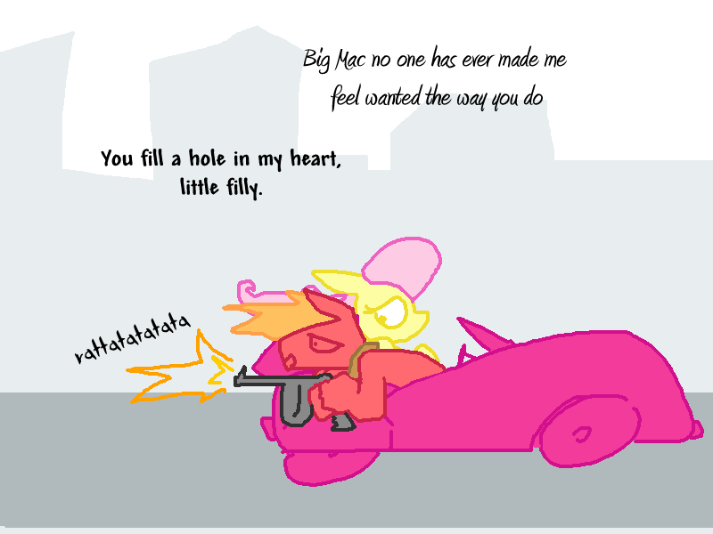 Size: 800x600 | Tagged: safe, artist:weaver, derpibooru import, big macintosh, fluttershy, earth pony, pegasus, pony, g4, animated, car, dexterous hooves, dialogue, female, fluttermac, gif, gun, hoof hold, image, limited palette, male, mare, non-animated gif, pixel-crisp art, shipping, stallion, straight, tommy gun, weapon, wind, windswept mane