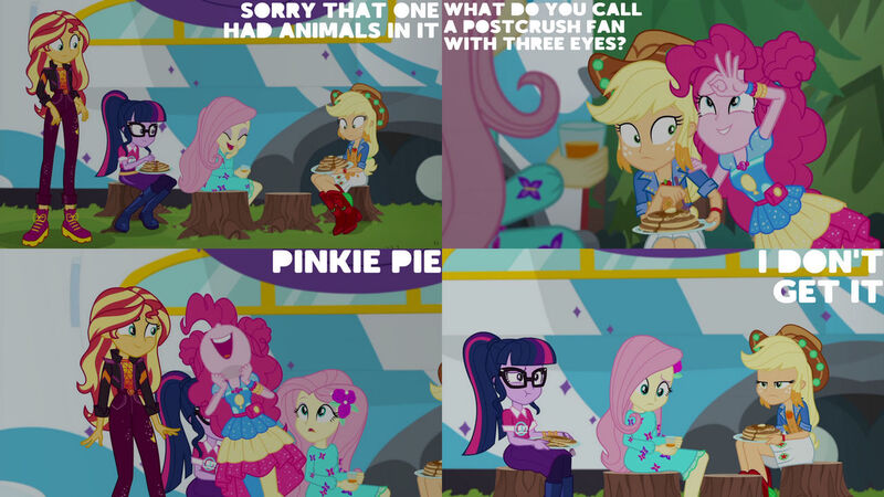 Size: 1280x720 | Tagged: safe, derpibooru import, edit, edited screencap, editor:quoterific, screencap, applejack, fluttershy, pinkie pie, rarity, sci-twi, sunset shimmer, twilight sparkle, equestria girls, g4, applejack's hat, clothes, cowboy hat, cutie mark, cutie mark on clothes, equestria girls specials, eyes closed, female, food, geode of sugar bombs, geode of super strength, hat, image, jpeg, magical geodes, music festival outfit, my little pony equestria girls: better together, my little pony equestria girls: sunset's backstage pass, nose in the air, open mouth, open smile, pancakes, smiling, uvula, volumetric mouth