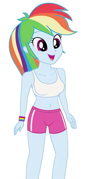 Size: 1112x2202 | Tagged: safe, derpibooru import, edit, edited screencap, editor:ah96, screencap, rainbow dash, human, equestria girls, g4, background removed, belly button, breast edit, breasts, clothes, female, image, midriff, not a vector, open mouth, open smile, png, shorts, simple background, smiling, solo, sports bra, sports shorts, transparent background