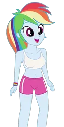 Size: 1112x2202 | Tagged: safe, derpibooru import, edit, edited screencap, editor:ah96, screencap, rainbow dash, human, equestria girls, g4, background removed, belly button, breast edit, breasts, clothes, female, image, midriff, not a vector, open mouth, open smile, png, shorts, simple background, smiling, solo, sports bra, sports shorts, transparent background