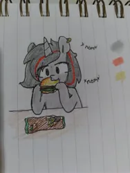 Size: 3120x4160 | Tagged: safe, artist:seylan, derpibooru import, oc, unofficial characters only, pony, unicorn, burger, ear piercing, earring, eating, food, image, jewelry, jpeg, lined paper, nom, piercing, solo, traditional art