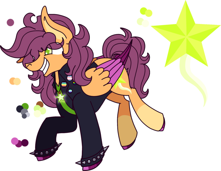 Size: 1634x1261 | Tagged: safe, artist:musical-medic, derpibooru import, oc, oc:starlight serenade, pegasus, pony, bracelet, clothes, colored wings, image, male, not scootaloo, png, simple background, solo, spiked wristband, stallion, transparent background, two toned wings, wings, wristband