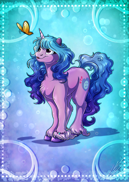 Size: 3508x4961 | Tagged: safe, artist:lupiarts, derpibooru import, izzy moonbow, butterfly, insect, pony, unicorn, g5, my little pony: a new generation, accessory, bracelet, chest fluff, curious, cute, digital art, eyebrows, eyelashes, female, horn, image, izzybetes, jewelry, jpeg, mare, poster, raised tail, smiling, solo, tail, unshorn fetlocks