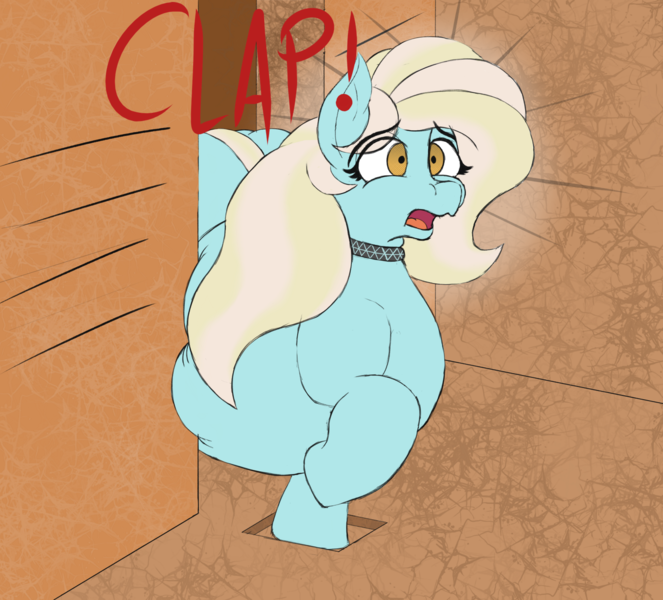 Size: 1370x1240 | Tagged: suggestive, artist:thewindking, derpibooru import, oc, oc:sapphire oasis, unofficial characters only, crystal pony, pony, choker, clap those cheeks, crystal pony oc, fat, female, image, obese, png, shock, shocked, shocked expression, solo, solo female, stuck, the ass was too fat, tight fit, trap (device)