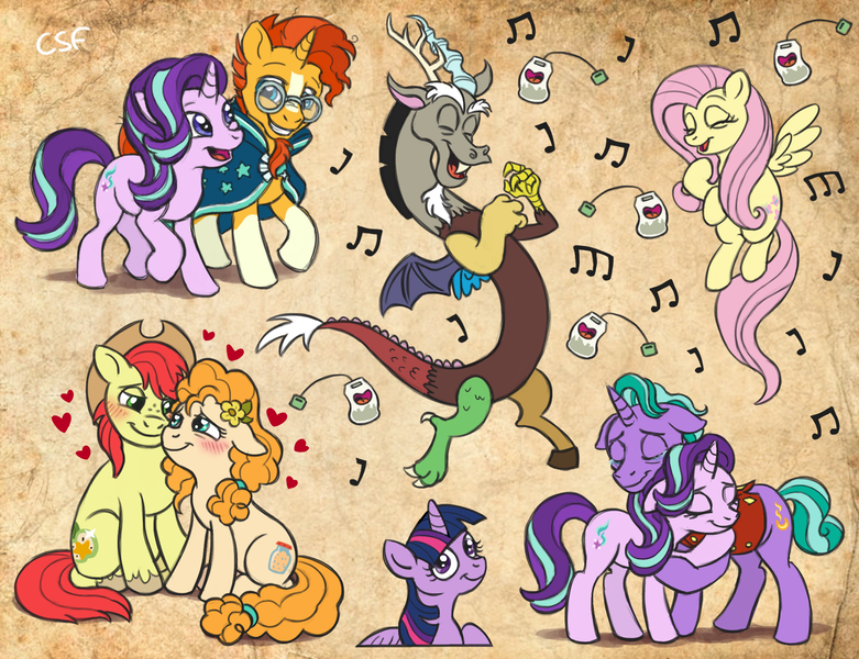 Size: 1958x1505 | Tagged: safe, artist:cartoonsilverfox, derpibooru import, bright mac, discord, firelight, fluttershy, pear butter, starlight glimmer, sunburst, twilight sparkle, twilight sparkle (alicorn), alicorn, draconequus, earth pony, pegasus, pony, unicorn, discordant harmony, g4, the parent map, the perfect pear, animate object, brightbutter, father and child, father and daughter, female, ginseng teabags, horn, hug, image, male, mare, music notes, png, shipping, singing, sketch, sketch dump, stallion, straight