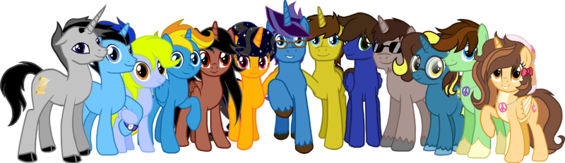 Size: 5000x1450 | Tagged: safe, artist:crisostomo-ibarra, derpibooru import, oc, oc:aspen, oc:author penfeather, oc:bright idea, oc:chaud starpower, oc:connie the casanova, oc:cyber gamer, oc:midnight shadows, oc:paint sketch, oc:princess fantasy star, oc:radiant sword, oc:ryan, oc:silvermane, oc:summer sketch, unofficial characters only, alicorn, earth pony, pegasus, pony, unicorn, derpibooru community collaboration, g4, 2022 community collab, alicorn oc, earth pony oc, female, folded wings, glasses, grin, group, high res, hooves, horn, image, jewelry, looking at you, male, mare, necklace, peace symbol, pegasus oc, png, raised hoof, simple background, smiling, smiling at you, stallion, standing, transparent background, two toned mane, unicorn oc, unshorn fetlocks, wall of tags, watch, wings