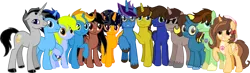 Size: 5000x1450 | Tagged: safe, artist:crisostomo-ibarra, derpibooru import, oc, oc:aspen, oc:author penfeather, oc:bright idea, oc:chaud starpower, oc:connie the casanova, oc:cyber gamer, oc:midnight shadows, oc:paint sketch, oc:princess fantasy star, oc:radiant sword, oc:ryan, oc:silvermane, oc:summer sketch, unofficial characters only, alicorn, earth pony, pegasus, pony, unicorn, derpibooru community collaboration, g4, 2022 community collab, alicorn oc, earth pony oc, female, folded wings, glasses, grin, group, high res, hooves, horn, image, jewelry, looking at you, male, mare, necklace, peace symbol, pegasus oc, png, raised hoof, simple background, smiling, smiling at you, stallion, standing, transparent background, two toned mane, unicorn oc, unshorn fetlocks, wall of tags, watch, wings