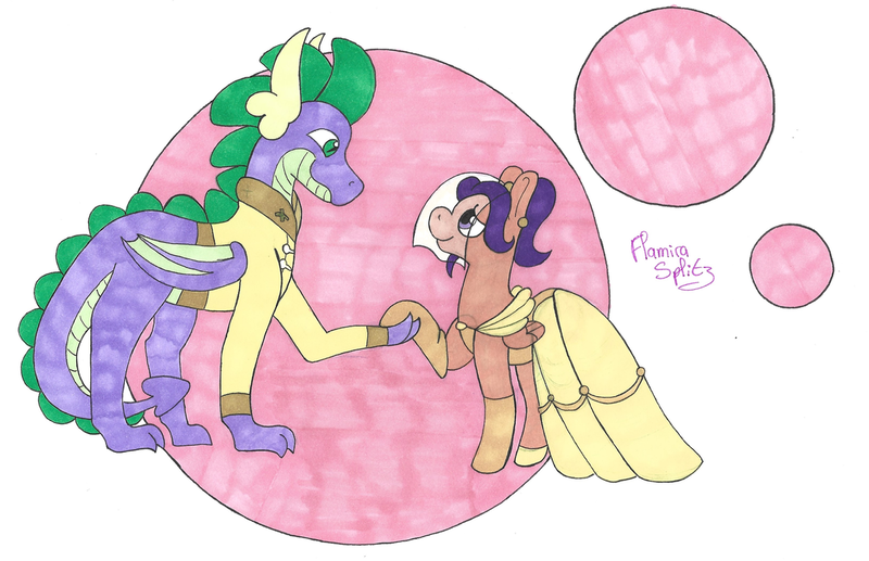 Size: 1280x827 | Tagged: safe, artist:flamirasplitz, derpibooru import, scootaloo, spike, dragon, pegasus, pony, g4, clothes, dress, female, holding hooves, image, looking at each other, looking at someone, male, marriage, older, older scootaloo, older spike, png, quadrupedal spike, request, scootaspike, shipping, straight, veil, wedding, wedding dress, winged spike, wings