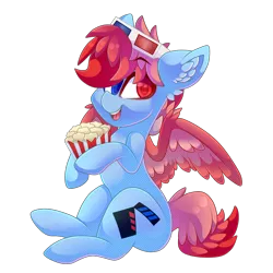 Size: 2000x2000 | Tagged: oc name needed, safe, artist:star-theft, derpibooru import, oc, unofficial characters only, pegasus, pony, 3-d glasses, 3d glasses, colored wings, ear fluff, food, full body, glasses on head, heterochromia, high res, image, looking at you, male, open mouth, open smile, png, popcorn, simple background, sitting, smiling, smiling at you, solo, stallion, transparent background, wings