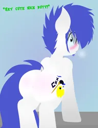 Size: 1564x2048 | Tagged: suggestive, artist:isaac_pony, derpibooru import, oc, oc:blue snow, oc:isaac pony, earth pony, pony, blue background, blushing, butt, butt blush, dialogue, image, jpeg, large butt, looking at you, male, plot, sexy, simple background, solo, solo male, stallion, standing