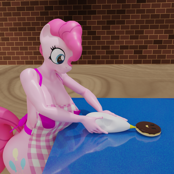 Size: 3000x3000 | Tagged: questionable, artist:clopmaestroman, derpibooru import, pinkie pie, anthro, earth pony, g4, 3d, apron, breasts, clothes, cum, donut, female, food, high res, image, naked apron, nudity, partial nudity, png, solo, wat, wtf