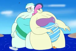 Size: 1088x734 | Tagged: suggestive, artist:feyzer, derpibooru import, bon bon, lyra heartstrings, sweetie drops, equestria girls, g4, bbw, boat, bon blob, breasts, clothes, fat, female, giantess, image, jpeg, lard-ra heartstrings, legs in the water, legs together, lesbian, lyrabon, macro, obese, ocean, one-piece swimsuit, people, project goliathon, shipping, ssbbw, swimsuit, thick, water