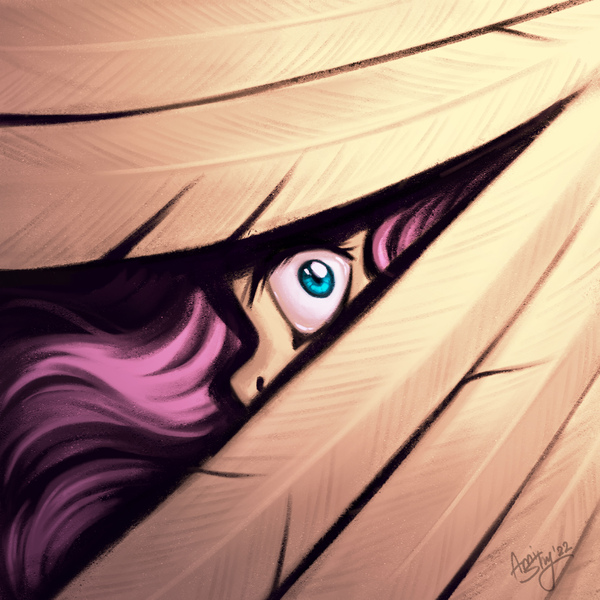 Size: 3000x3000 | Tagged: safe, artist:amishy, derpibooru import, fluttershy, pegasus, pony, g4, creepy, feather, hiding, hiding behind wing, high res, image, jpeg, peeking, solo, wings