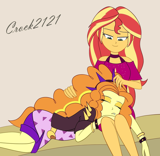 Size: 1280x1250 | Tagged: safe, artist:crock2121, derpibooru import, adagio dazzle, sunset shimmer, equestria girls, g4, clothes, cruise outfit, duo, duo female, equestria girls specials, female, image, jpeg, lesbian, music festival outfit, my little pony equestria girls: better together, my little pony equestria girls: spring breakdown, my little pony equestria girls: sunset's backstage pass, ship:sunsagio, shipping, simple background, sleeping, spiked headband