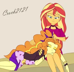 Size: 1280x1250 | Tagged: safe, artist:crock2121, derpibooru import, adagio dazzle, sunset shimmer, equestria girls, g4, clothes, cruise outfit, duo, duo female, equestria girls specials, female, image, jpeg, lesbian, music festival outfit, my little pony equestria girls: better together, my little pony equestria girls: spring breakdown, my little pony equestria girls: sunset's backstage pass, ship:sunsagio, shipping, simple background, sleeping, spiked headband