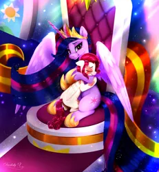 Size: 1600x1734 | Tagged: safe, artist:darksly, derpibooru import, princess twilight 2.0, twilight sparkle, twilight sparkle (alicorn), oc, oc:cotton, alicorn, pegasus, pony, g4, the last problem, commission, female, hug, image, jewelry, jpeg, mare, older, older twilight, older twilight sparkle (alicorn), regalia, ych result