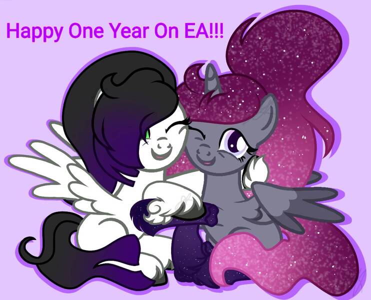 Size: 1212x980 | Tagged: safe, artist:teonnakatztkgs, derpibooru import, oc, unofficial characters only, pony, base used, duo, ea, ethereal mane, hair over one eye, happy birthday, hug, image, jpeg, one eye closed, purple background, side hug, simple background, smiling, starry mane, unshorn fetlocks, wink