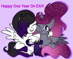 Size: 1212x980 | Tagged: safe, artist:teonnakatztkgs, derpibooru import, oc, unofficial characters only, pony, base used, duo, ea, ethereal mane, hair over one eye, happy birthday, hug, image, jpeg, one eye closed, purple background, side hug, simple background, smiling, starry mane, unshorn fetlocks, wink