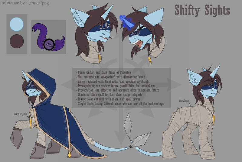 Size: 3588x2397 | Tagged: safe, artist:sinner_png, derpibooru import, oc, oc:shifty sights, unofficial characters only, pony, unicorn, amulet, blindfold, bust, chaos, clothes, cowl, crossover, cultist, female, hidden cutie mark, high res, horn, image, information, jewelry, mare, mutant, png, portrait, reference sheet, robes, solo, tzeentch, unicorn oc, warhammer (game), warhammer 40k, wrapping