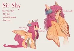 Size: 1280x875 | Tagged: safe, artist:2chocolatecookie2, derpibooru import, fluttershy, pegasus, pony, g4, alternate design, blank flank, blushing, female, flower, flower in hair, hiding behind wing, image, jpeg, kinsona, leg fluff, mare, missing cutie mark, pronouns, simple background, smiling, solo, tail, tail feathers, white background, wings