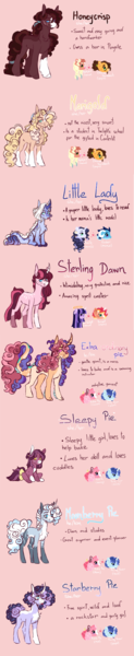 Size: 2000x9788 | Tagged: safe, artist:orphicswanart, derpibooru import, oc, oc:extra-ordinary pie, oc:honeycrisp, oc:little lady, oc:marigold, oc:moonberry pie, oc:sleepy pie, oc:starberry pie, oc:sterling dawn, earth pony, hybrid, pegasus, pony, unicorn, alternate universe, au:chaoticverse, image, magical lesbian spawn, offspring, parent:applejack, parent:cheese sandwich, parent:party favor, parent:pinkie pie, parent:princess ember, parent:rarity, parent:sci-twi, parent:sunset shimmer, parents:cheesejack, parents:emberity, parents:partypie, parents:scitwishimmer, png, solo