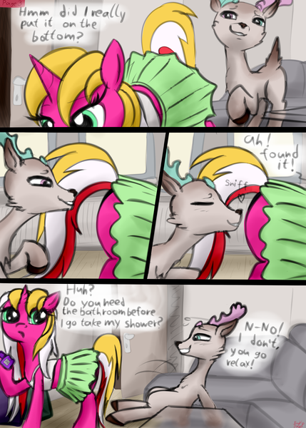 Size: 3000x4200 | Tagged: suggestive, artist:littlenaughtypony, derpibooru import, oc, oc:starsweep sweetsky, oc:timber gale, unofficial characters only, deer, deer pony, original species, pony, unicorn, comic:timbersweep showertime, almost caught, blushing, clothes, comic, deer oc, falling, fetish, glasses, horn, image, multicolored antlers, multicolored eyes, olfactophilia, pervert, png, skirt, sniffing, unicorn oc