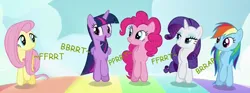 Size: 1058x394 | Tagged: safe, derpibooru import, edit, edited screencap, editor:thedarkpony, screencap, fluttershy, pinkie pie, rainbow dash, rarity, twilight sparkle, twilight sparkle (alicorn), alicorn, earth pony, pegasus, pony, unicorn, all bottled up, g4, cropped, fart, fart edit, fart noise, female, image, mare, onomatopoeia, png, sound effects