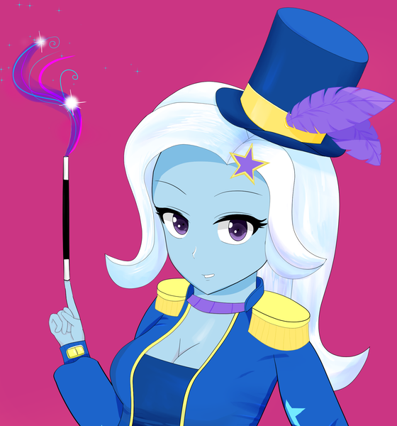 Size: 1799x1927 | Tagged: safe, alternate version, artist:toffrox, derpibooru import, trixie, equestria girls, g4, street magic with trixie, spoiler:eqg series (season 2), cropped, feather, female, hat, image, looking at you, magic, magic wand, my little pony equestria girls: better together, png, smiling, solo, top hat