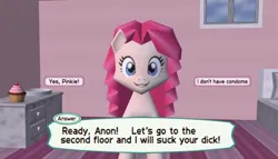 Size: 1344x768 | Tagged: suggestive, ai content, derpibooru import, generator:fluxai, machine learning generated, prompter:yuduz367, pinkie pie, earth pony, pony, g4, 3d, 3d model, fake, female, image, implied blowjob, implied oral, implied sex, jpeg, low poly, mare, text, video game, vulgar