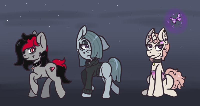 Size: 1252x663 | Tagged: safe, artist:lazerblues, derpibooru import, marble pie, oc, oc:band aid, oc:miss eri, butterfly, earth pony, insect, pony, unicorn, g4, black and red mane, choker, clothes, collar, corset, curved horn, frown, hoodie, horn, image, lonely inky, png, smiling, trio, two toned mane, unamused