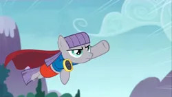 Size: 1000x563 | Tagged: safe, artist:dragunique, derpibooru import, edit, edited screencap, screencap, maud pie, earth pony, pony, g4, maud pie (episode), cape, clothes, female, flying, image, mare, png, solo, supergirl, superhero