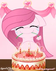 Size: 747x948 | Tagged: safe, artist:muhammad yunus, derpibooru import, oc, oc:annisa trihapsari, unofficial characters only, earth pony, pony, 2022, birthday cake, cake, crying, eyes closed, female, flower, food, happy birthday, image, indonesia, indonesian, mare, medibang paint, png, smiling, solo, strawberry, tears of joy