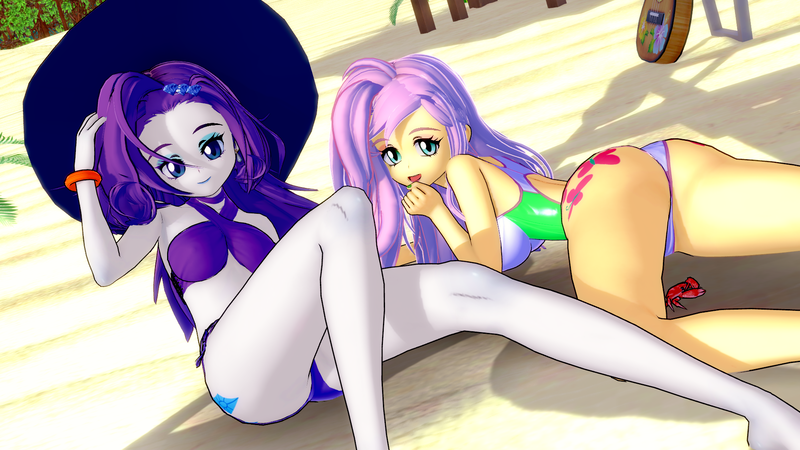 Size: 1920x1080 | Tagged: suggestive, artist:ratachu666, derpibooru import, fluttershy, rarity, crab, equestria girls, g4, 3d, ass, beach, bikini, bocas top, breasts, busty fluttershy, butt, clothes, cutie mark, cutie mark on equestria girl, duo, duo female, female, flutterbutt, hat, image, koikatsu, legs, looking at you, one-piece swimsuit, png, rearity, smiling, smiling at you, sun hat, swimsuit, thighs