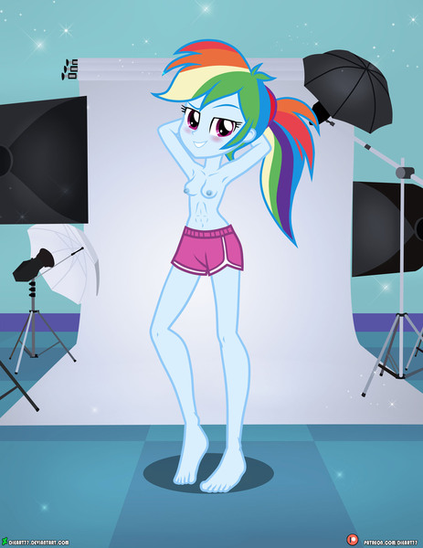 Size: 1500x1942 | Tagged: questionable, alternate version, artist:dieart77, derpibooru import, rainbow dash, human, equestria girls, g4, arm behind head, barefoot, bedroom eyes, belly, belly button, blushing, breasts, clothes, feet, female, grin, image, jpeg, looking at you, nipples, nudity, partial nudity, photo shoot, sexy, shorts, small breasts, smiling, solo, topless