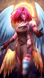 Size: 2160x3840 | Tagged: semi-grimdark, artist:jadekettu, derpibooru import, part of a set, pinkie pie, human, fanfic:cupcakes, g4, angel, apron, beautiful, blood, breasts, clothes, eyes closed, fallen angel, female, gloves, grimcute, high res, humanized, image, jpeg, part of a series, pinkamena diane pie, shorts, smiling, solo, wings