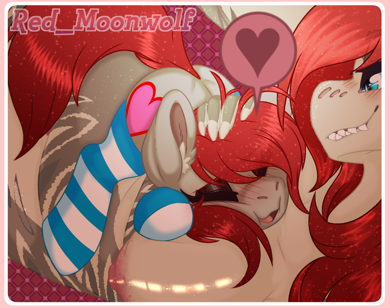 Size: 2287x1807 | Tagged: questionable, artist:red_moonwolf, derpibooru import, oc, oc:ponepony, unofficial characters only, anthro, pony, shark, anthro ponidox, anthro with ponies, blushing, breast pillow, breasts, clothes, cute, cute porn, duo, female, happy, head between breasts, image, lesbian, nipples, nudity, petting, png, self ponidox, smug, socks, striped socks