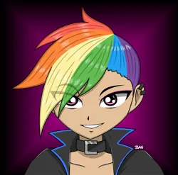 Size: 1539x1521 | Tagged: safe, artist:banquo0, derpibooru import, rainbow dash, human, g4, bust, choker, clothes, ear piercing, earring, eye clipping through hair, humanized, image, jewelry, jpeg, piercing, solo