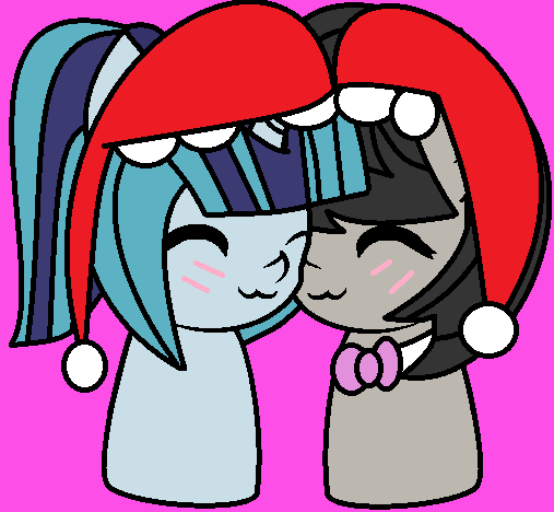 Size: 507x468 | Tagged: safe, artist:jadeharmony, derpibooru import, octavia melody, sonata dusk, g4, cute, female, hat, image, lesbian, nuzzling, png, shipping, sonatabetes, sontavia