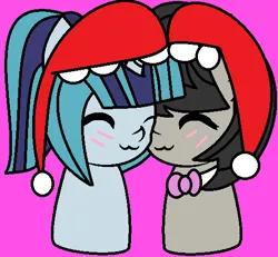 Size: 507x468 | Tagged: safe, artist:jadeharmony, derpibooru import, octavia melody, sonata dusk, g4, cute, female, hat, image, lesbian, nuzzling, png, shipping, sonatabetes, sontavia