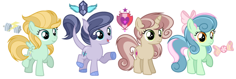 Size: 1280x430 | Tagged: safe, artist:lunerymish, derpibooru import, oc, unofficial characters only, dracony, earth pony, hybrid, pegasus, pony, unicorn, base used, cutie mark, earth pony oc, female, filly, foal, horn, image, interspecies offspring, magical lesbian spawn, offspring, parent:bon bon, parent:button mash, parent:dumbbell, parent:lightning dust, parent:lyra heartstrings, parent:rarity, parent:spike, parent:sweetie belle, parents:lightningbell, parents:lyrabon, parents:sparity, parents:sweetiemash, pegasus oc, png, simple background, transparent background, unicorn oc, wings