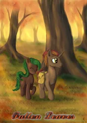 Size: 2893x4092 | Tagged: safe, artist:rameslack, derpibooru import, oc, unofficial characters only, earth pony, pony, unicorn, fanfic, fanfic:fallen leaves, bag, fanfic art, fanfic cover, forest, image, jpeg, saddle bag, tree