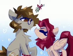 Size: 3219x2500 | Tagged: safe, artist:nekosnicker, derpibooru import, oc, oc:crimm harmony, oc:stitched laces, unofficial characters only, earth pony, pegasus, pony, glasses, heart, high res, image, jpeg, kissing, mistletoe, stimony