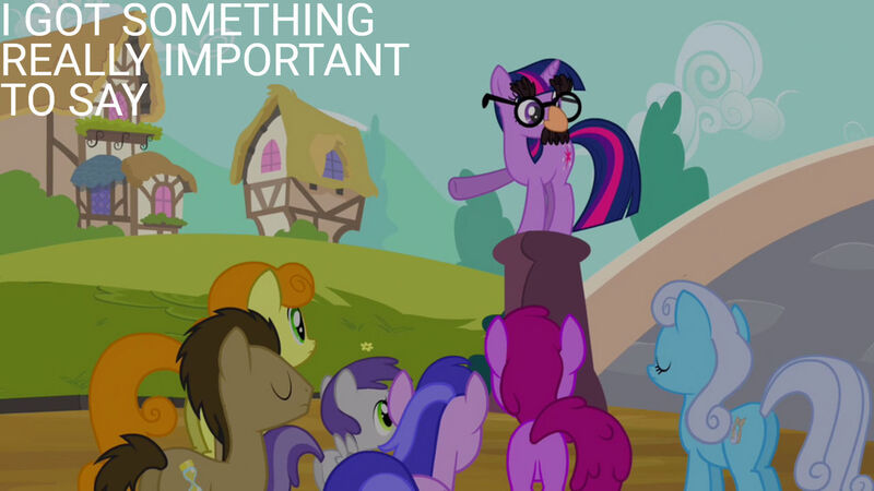 Size: 1280x720 | Tagged: safe, derpibooru import, edit, edited screencap, editor:quoterific, screencap, berry punch, berryshine, carrot top, doctor whooves, golden harvest, linky, sea swirl, seafoam, shoeshine, time turner, tornado bolt, twilight sparkle, earth pony, pegasus, pony, unicorn, g4, it's about time, season 2, bridge, eyes closed, female, filly, foal, glasses, groucho mask, image, jpeg, male, mare, stallion, unicorn twilight