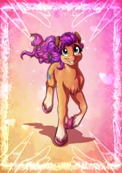 Size: 3508x4961 | Tagged: safe, artist:lupiarts, derpibooru import, sunny starscout, earth pony, pony, g5, my little pony: a new generation, chest fluff, coat markings, cute, digital art, ear fluff, eyebrows, eyelashes, female, galloping, grin, happy, image, jpeg, looking at you, mare, poster, smiling, smiling at you, socks (coat marking), solo, sunnybetes, unshorn fetlocks