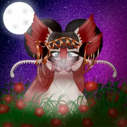 Size: 1500x1500 | Tagged: safe, artist:teonnakatztkgs, derpibooru import, oc, unofficial characters only, butterfly, insect, pony, bust, commission, female, flower, full moon, glasses, image, jpeg, mare, moon, night, outdoors, rose, ych result