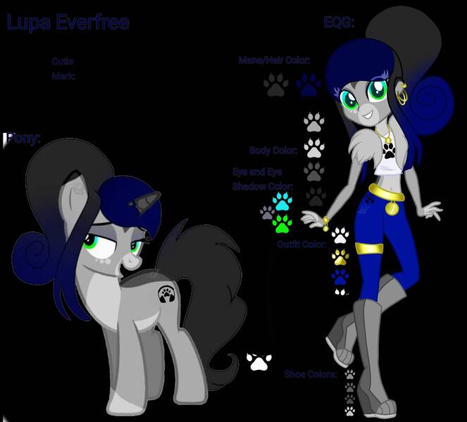 Size: 1988x1800 | Tagged: safe, artist:teonnakatztkgs, derpibooru import, oc, unofficial characters only, unicorn, equestria girls, g4, black background, boots, clothes, equestria girls-ified, female, grin, horn, image, jpeg, paw prints, reference sheet, shoes, simple background, smiling, unicorn oc